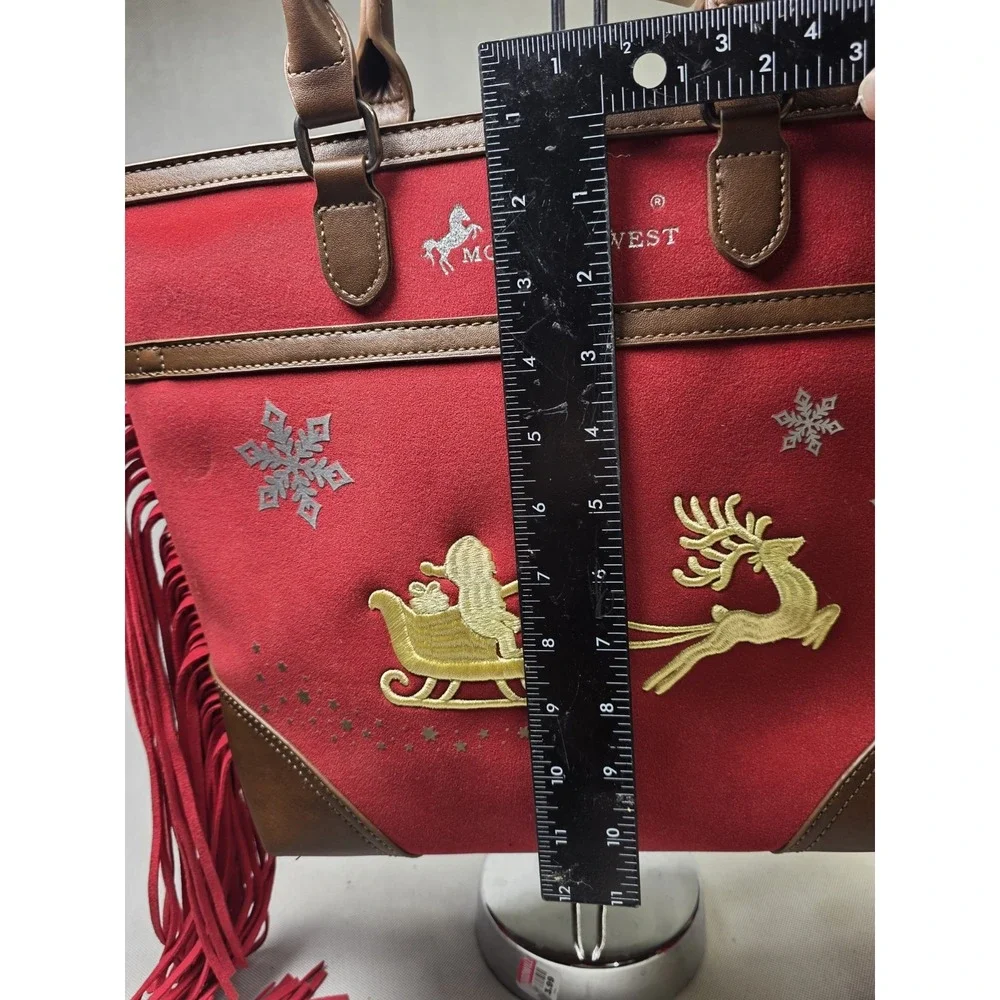 NWT Montana West Christmas Tote Handbag Red Santa Sleigh Reindeer Fringe Bag